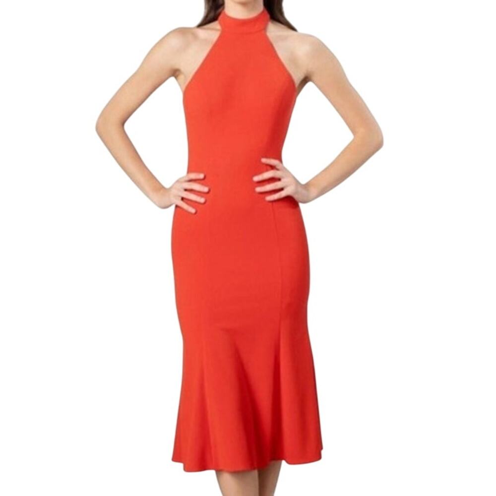 Dress The Population NWT Amara Halter Neck Flare Hem Midi Dress Poppy Size M